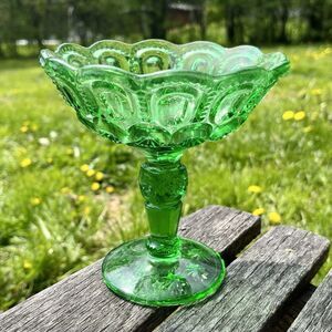 Vintage Fenton LG Wright Moon and Stars Green Glass 5.75" Open Jelly Compote